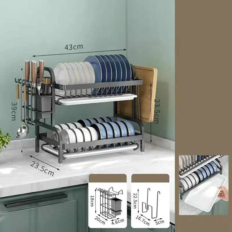2-Tier Dish Drying Rack with Drainboard & Utensil Holder – Rust-Proof Kitchen Dish Drainer (Black & Double Layer Options)