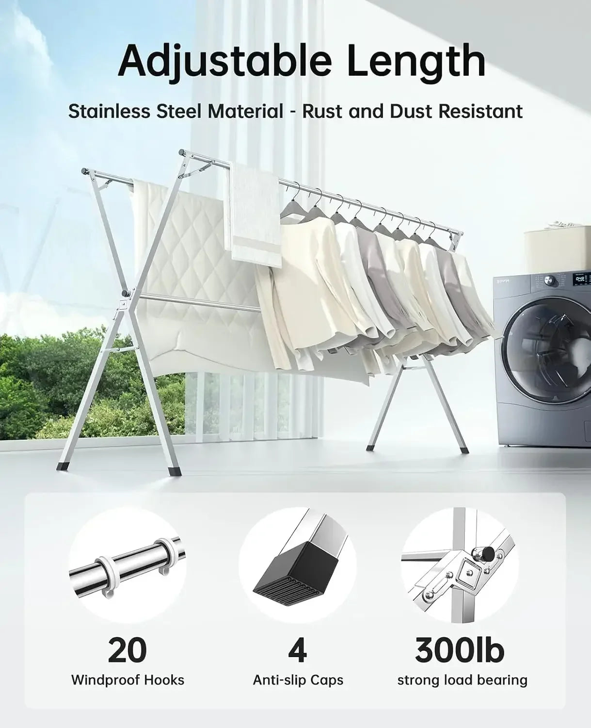 Foldable Adjustable Stainless Steel Clothes Drying Rack – Indoor/Outdoor