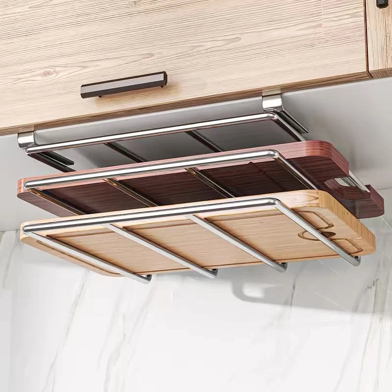 Under-Cabinet Cutting Board & Lid Organizer – Hanging Stainless Steel Kitchen Storage Rack