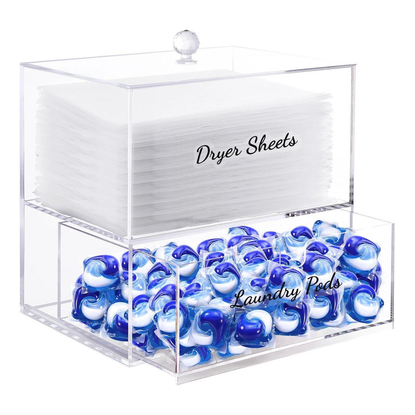 Double-Layer Acrylic Storage Box with Bamboo Lid – Dryer Sheet & Laundry Pod Organizer