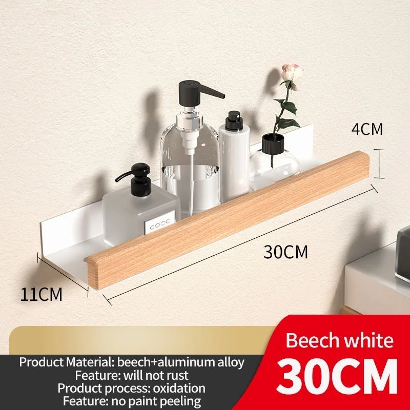 Wood & Aluminum Corner Shower Shelf – Wall-Mounted Bathroom Organizer Rack