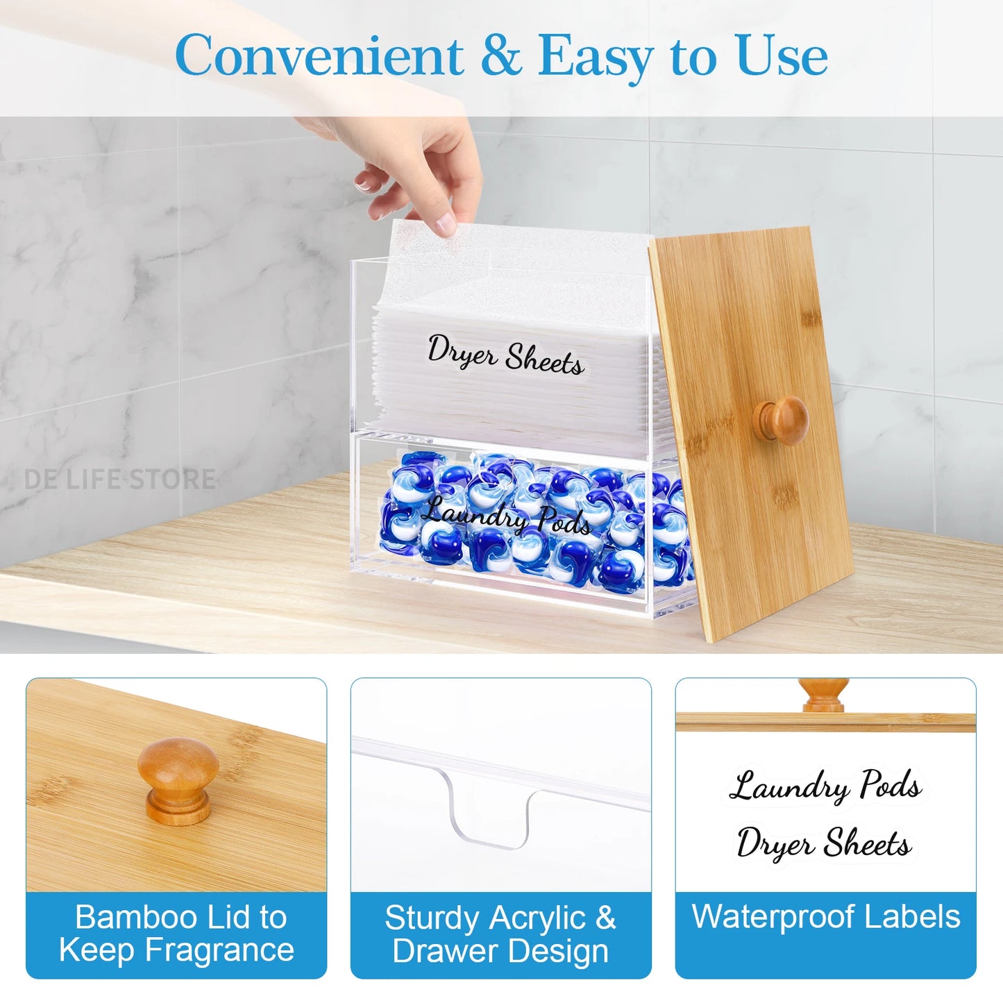 Double-Layer Acrylic Storage Box with Bamboo Lid – Dryer Sheet & Laundry Pod Organizer