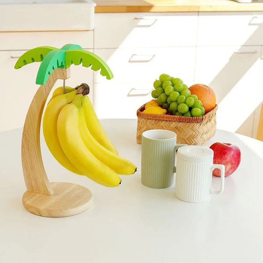 Wooden Banana Rack with Decorative Leaf – Hanging Vertical Fruit Storage Hook