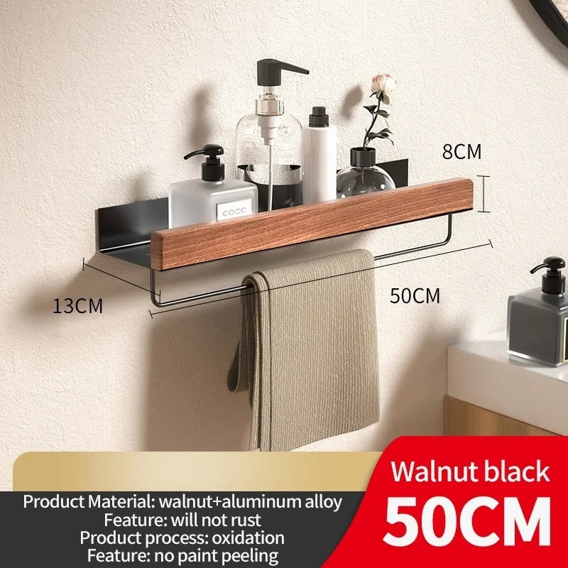 Wood & Aluminum Corner Shower Shelf – Wall-Mounted Bathroom Organizer Rack