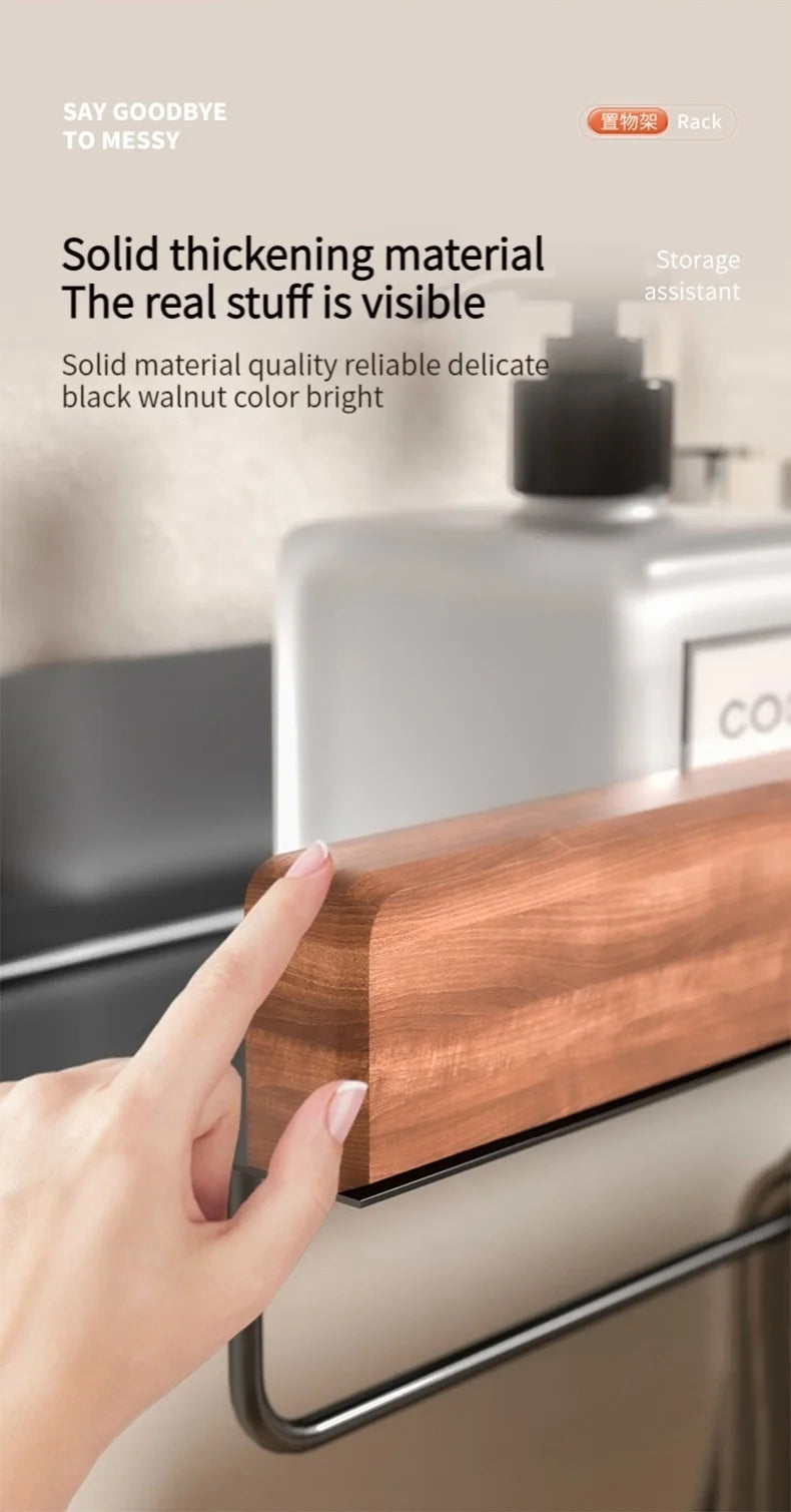 Wood & Aluminum Corner Shower Shelf – Wall-Mounted Bathroom Organizer Rack