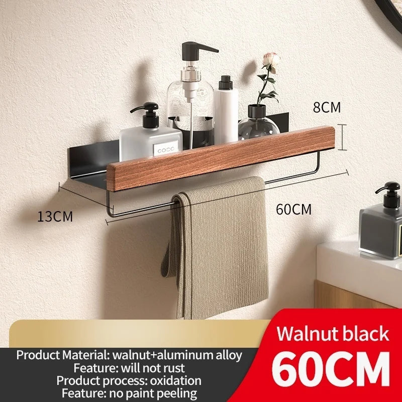 Wood & Aluminum Corner Shower Shelf – Wall-Mounted Bathroom Organizer Rack