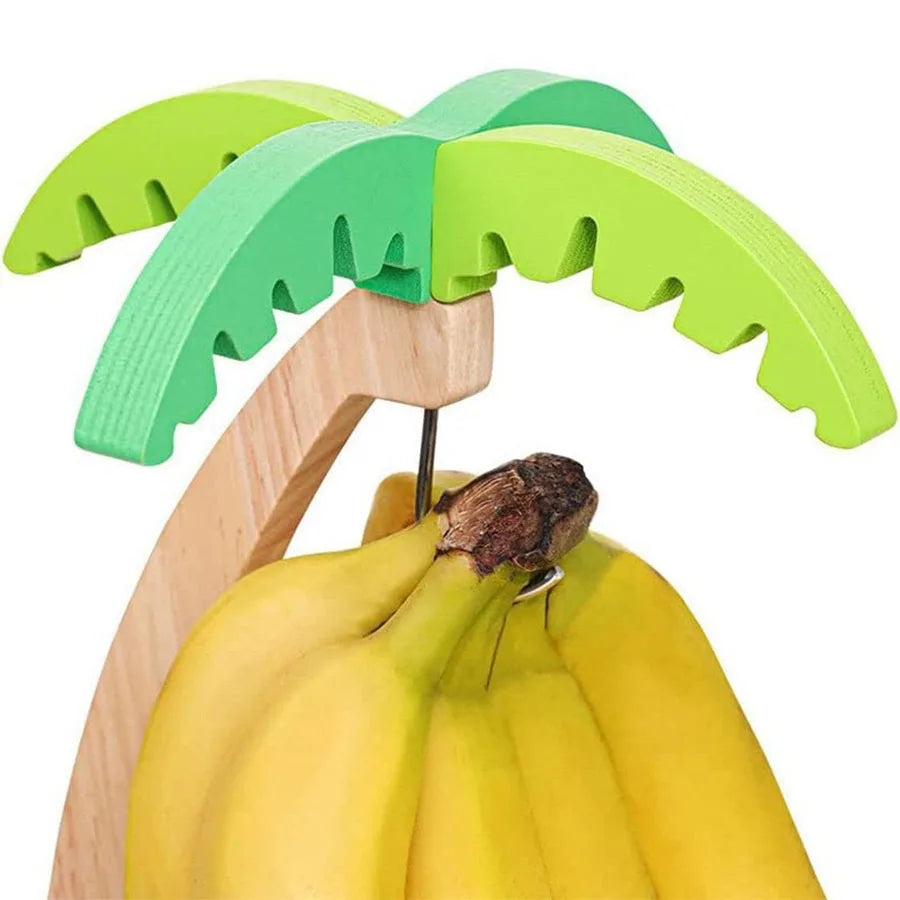 Wooden Banana Rack with Decorative Leaf – Hanging Vertical Fruit Storage Hook