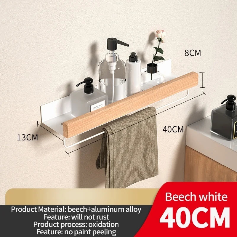 Wood & Aluminum Corner Shower Shelf – Wall-Mounted Bathroom Organizer Rack