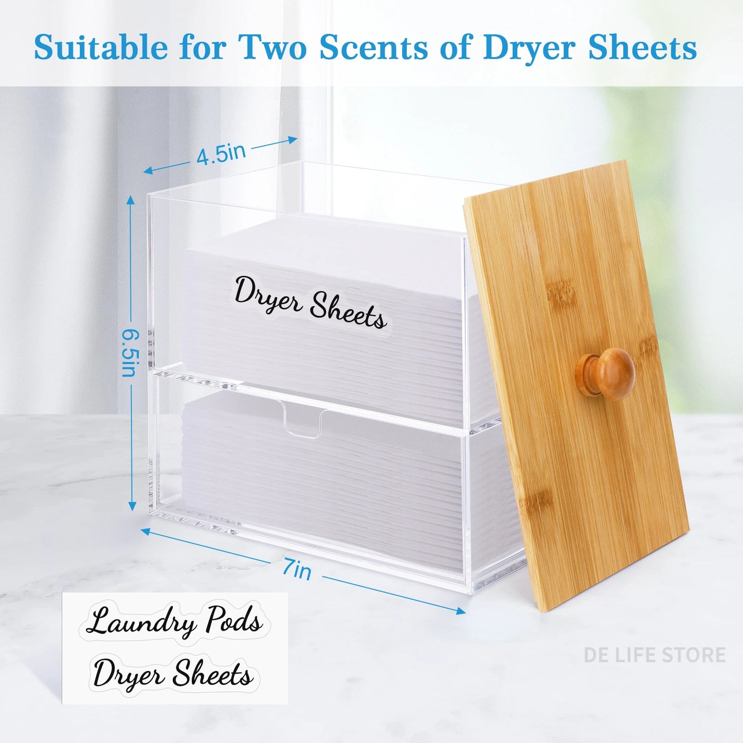 Double-Layer Acrylic Storage Box with Bamboo Lid – Dryer Sheet & Laundry Pod Organizer