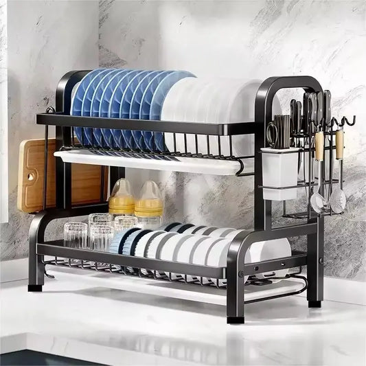 2-Tier Dish Drying Rack with Drainboard & Utensil Holder – Rust-Proof Kitchen Dish Drainer (Black & Double Layer Options)