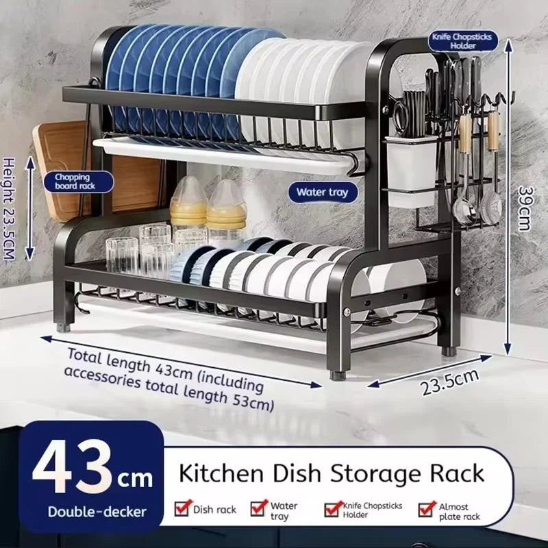 2-Tier Dish Drying Rack with Drainboard & Utensil Holder – Rust-Proof Kitchen Dish Drainer (Black & Double Layer Options)