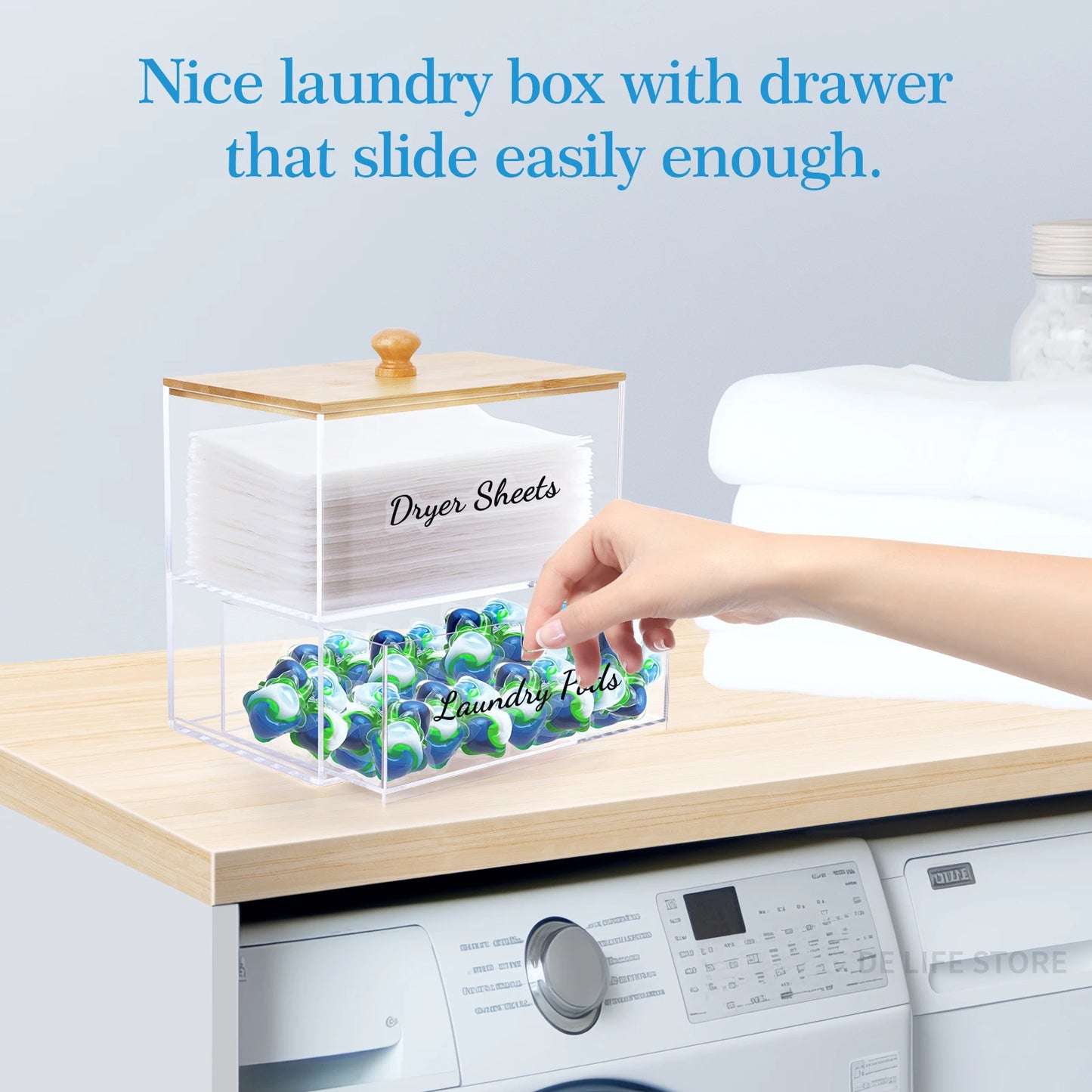 Double-Layer Acrylic Storage Box with Bamboo Lid – Dryer Sheet & Laundry Pod Organizer