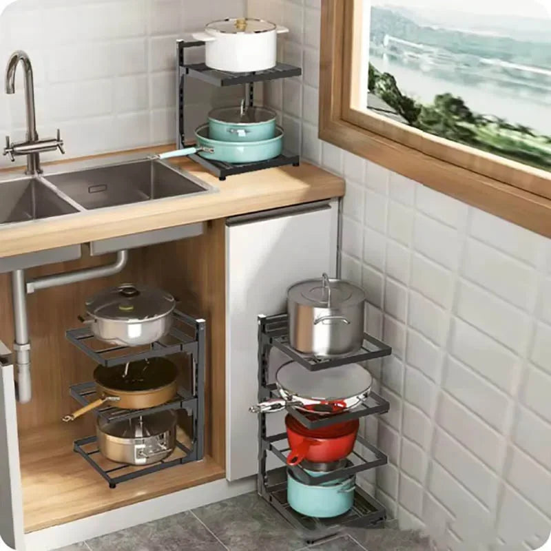 Adjustable Multi-Layer Kitchen Storage Rack – Sink & Stovetop Organizer for Pots and Cookware