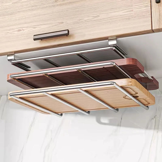 Under-Cabinet Cutting Board & Lid Organizer – Hanging Stainless Steel Kitchen Storage Rack
