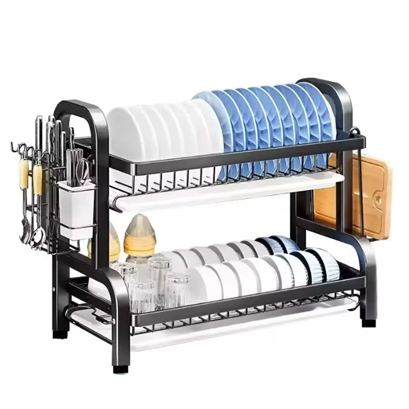 2-Tier Dish Drying Rack with Drainboard & Utensil Holder – Rust-Proof Kitchen Dish Drainer (Black & Double Layer Options)