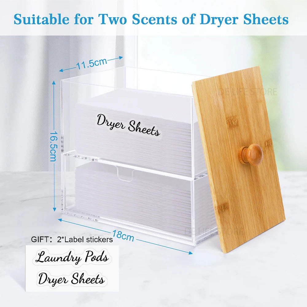 Double-Layer Acrylic Storage Box with Bamboo Lid – Dryer Sheet & Laundry Pod Organizer