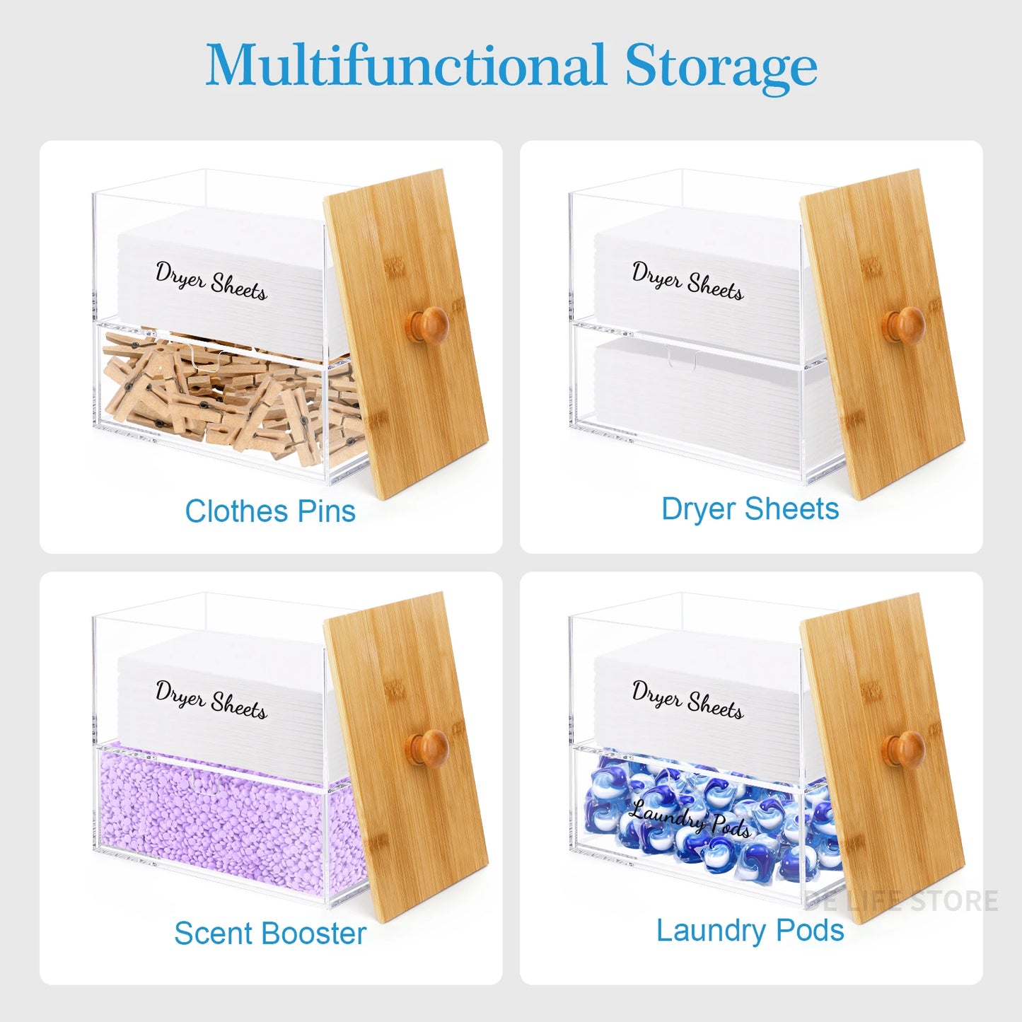 Double-Layer Acrylic Storage Box with Bamboo Lid – Dryer Sheet & Laundry Pod Organizer