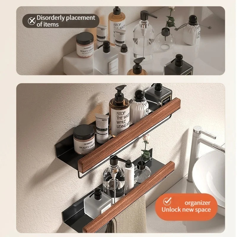 Wood & Aluminum Corner Shower Shelf – Wall-Mounted Bathroom Organizer Rack