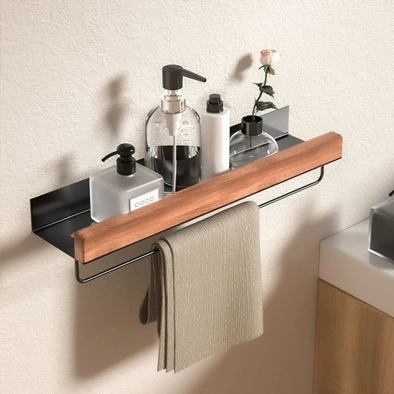 Wood & Aluminum Corner Shower Shelf – Wall-Mounted Bathroom Organizer Rack