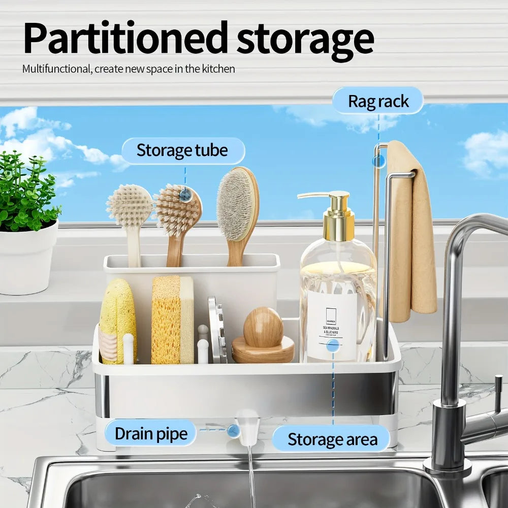 Stainless Steel Sponge & Sink Caddy – Drainable Organizer for Kitchen or Bathroom Cleaning Supplies