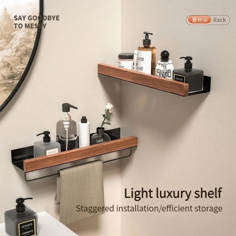 Wood & Aluminum Corner Shower Shelf – Wall-Mounted Bathroom Organizer Rack