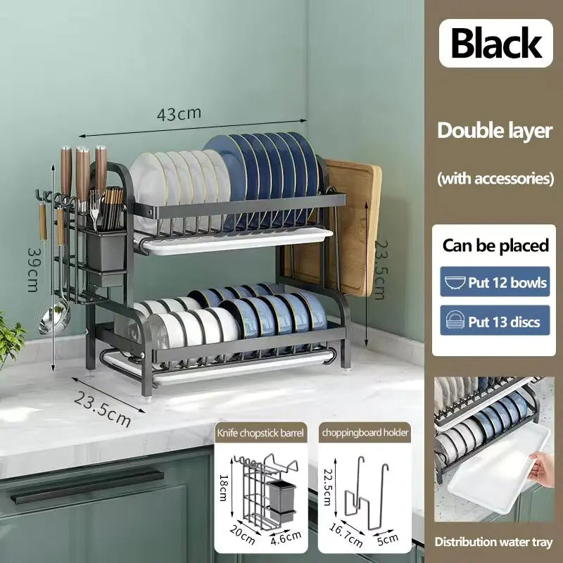 2-Tier Dish Drying Rack with Drainboard & Utensil Holder – Rust-Proof Kitchen Dish Drainer (Black & Double Layer Options)