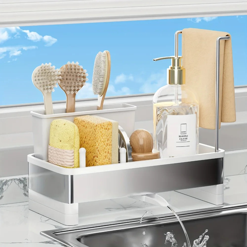 Stainless Steel Sponge & Sink Caddy – Drainable Organizer for Kitchen or Bathroom Cleaning Supplies