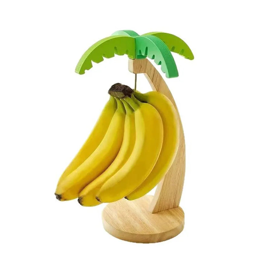 Wooden Banana Rack with Decorative Leaf – Hanging Vertical Fruit Storage Hook