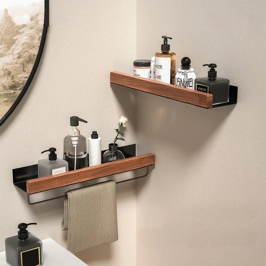 Wood & Aluminum Corner Shower Shelf – Wall-Mounted Bathroom Organizer Rack