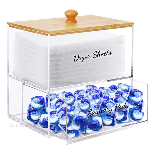 Double-Layer Acrylic Storage Box with Bamboo Lid – Dryer Sheet & Laundry Pod Organizer