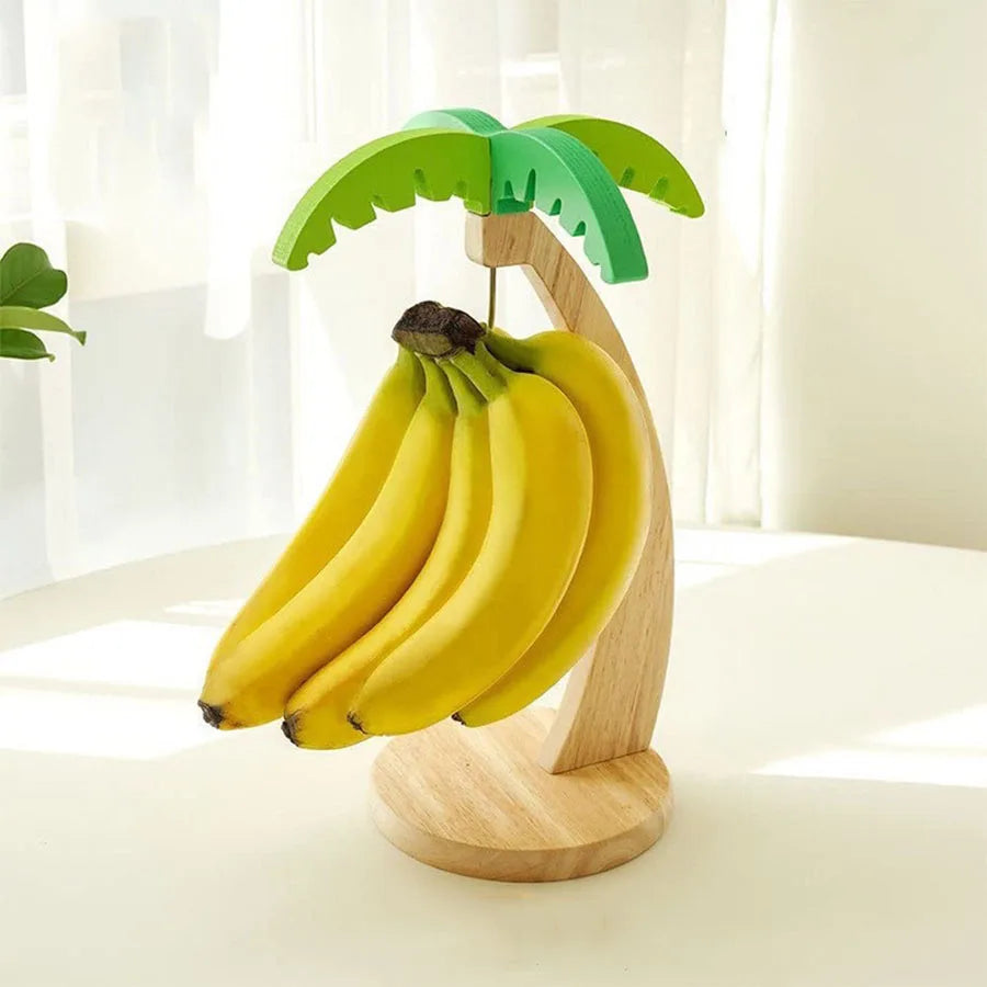 Wooden Banana Rack with Decorative Leaf – Hanging Vertical Fruit Storage Hook