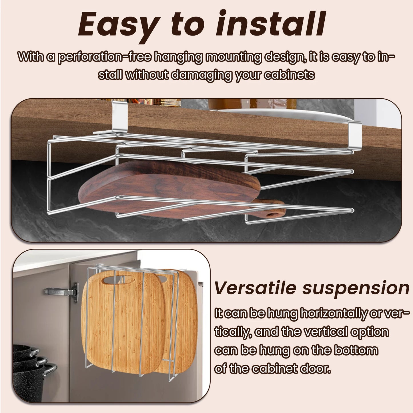 Under-Cabinet Cutting Board & Lid Organizer – Hanging Stainless Steel Kitchen Storage Rack