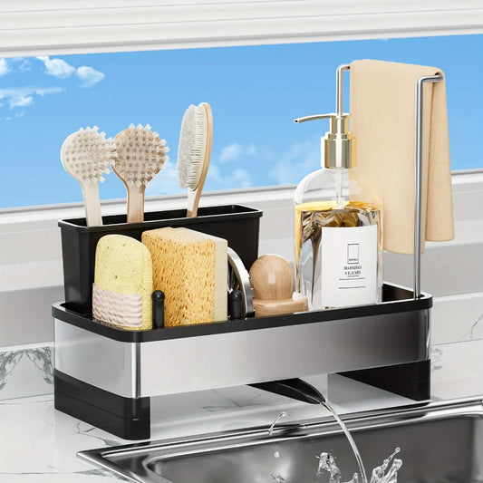 Stainless Steel Sponge & Sink Caddy – Drainable Organizer for Kitchen or Bathroom Cleaning Supplies