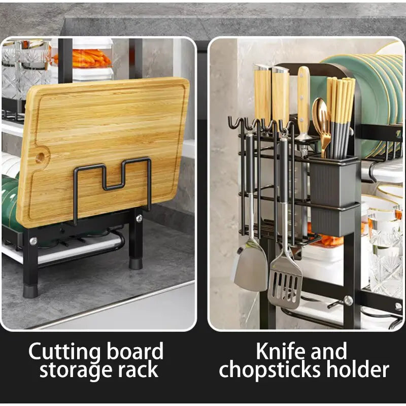 2-Tier Dish Drying Rack with Drainboard & Utensil Holder – Rust-Proof Kitchen Dish Drainer (Black & Double Layer Options)