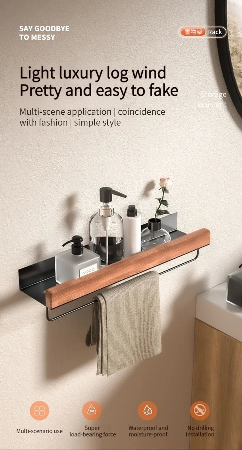 Wood & Aluminum Corner Shower Shelf – Wall-Mounted Bathroom Organizer Rack
