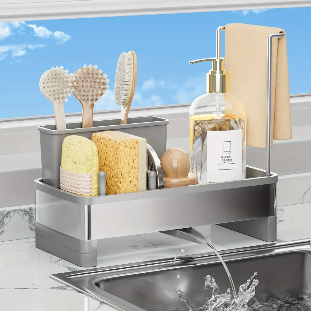 Stainless Steel Sponge & Sink Caddy – Drainable Organizer for Kitchen or Bathroom Cleaning Supplies