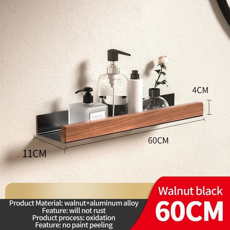 Wood & Aluminum Corner Shower Shelf – Wall-Mounted Bathroom Organizer Rack