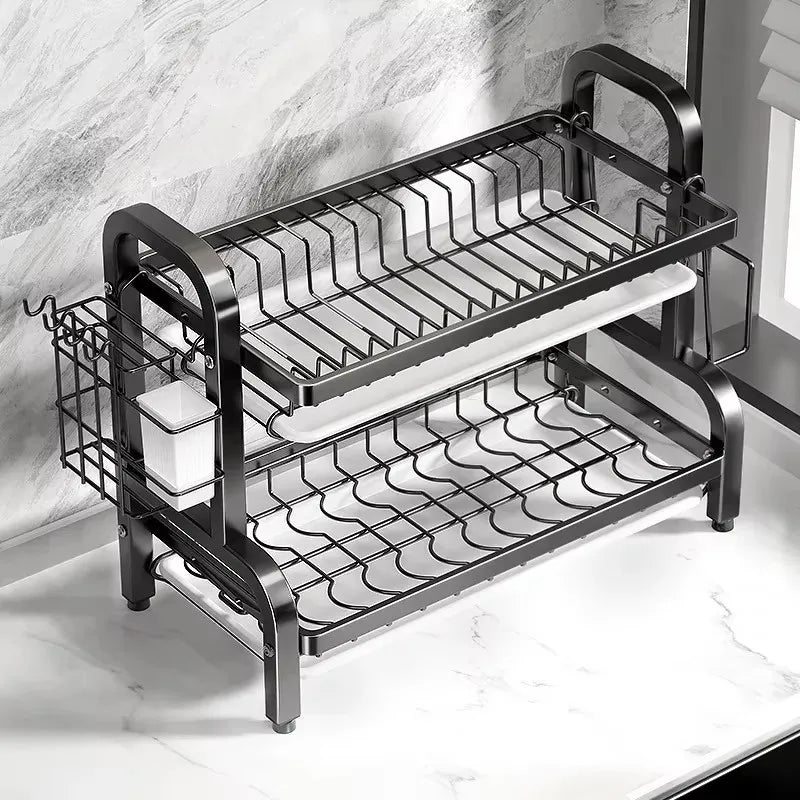 2-Tier Dish Drying Rack with Drainboard & Utensil Holder – Rust-Proof Kitchen Dish Drainer (Black & Double Layer Options)