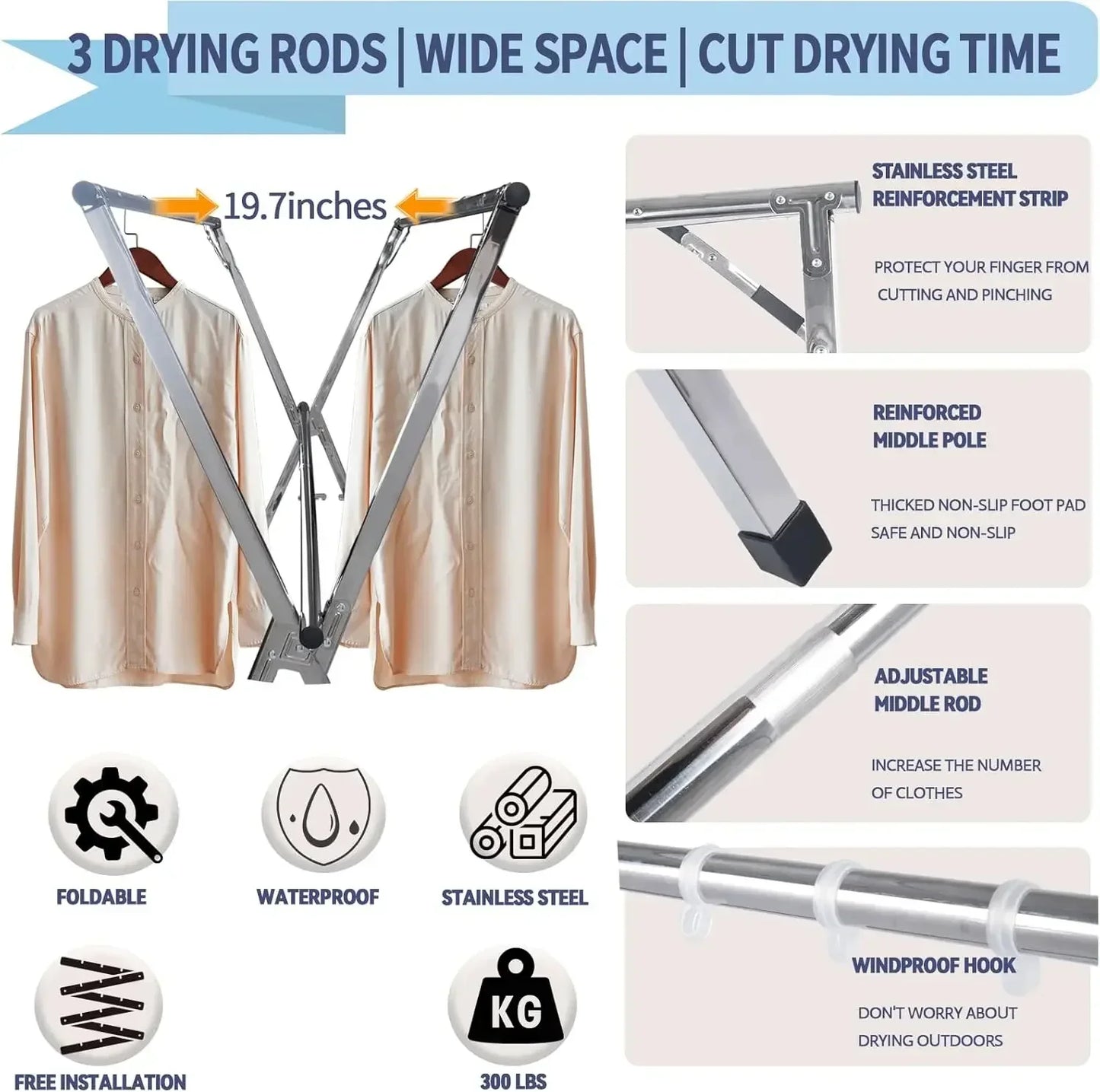 Foldable Adjustable Stainless Steel Clothes Drying Rack – Indoor/Outdoor